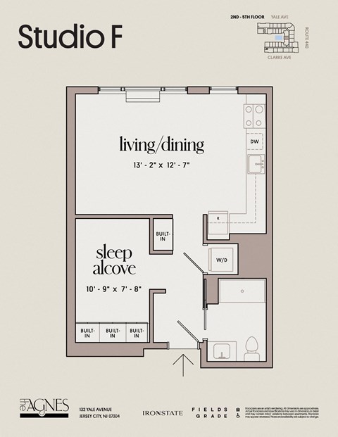 Floor plan for studio, 1 bath, 584 sqft